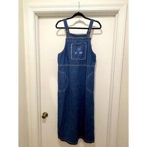 Vintage Denim Jumper Dress Size 8 Cottagecore Midi patchwork Y2k 90s Floral